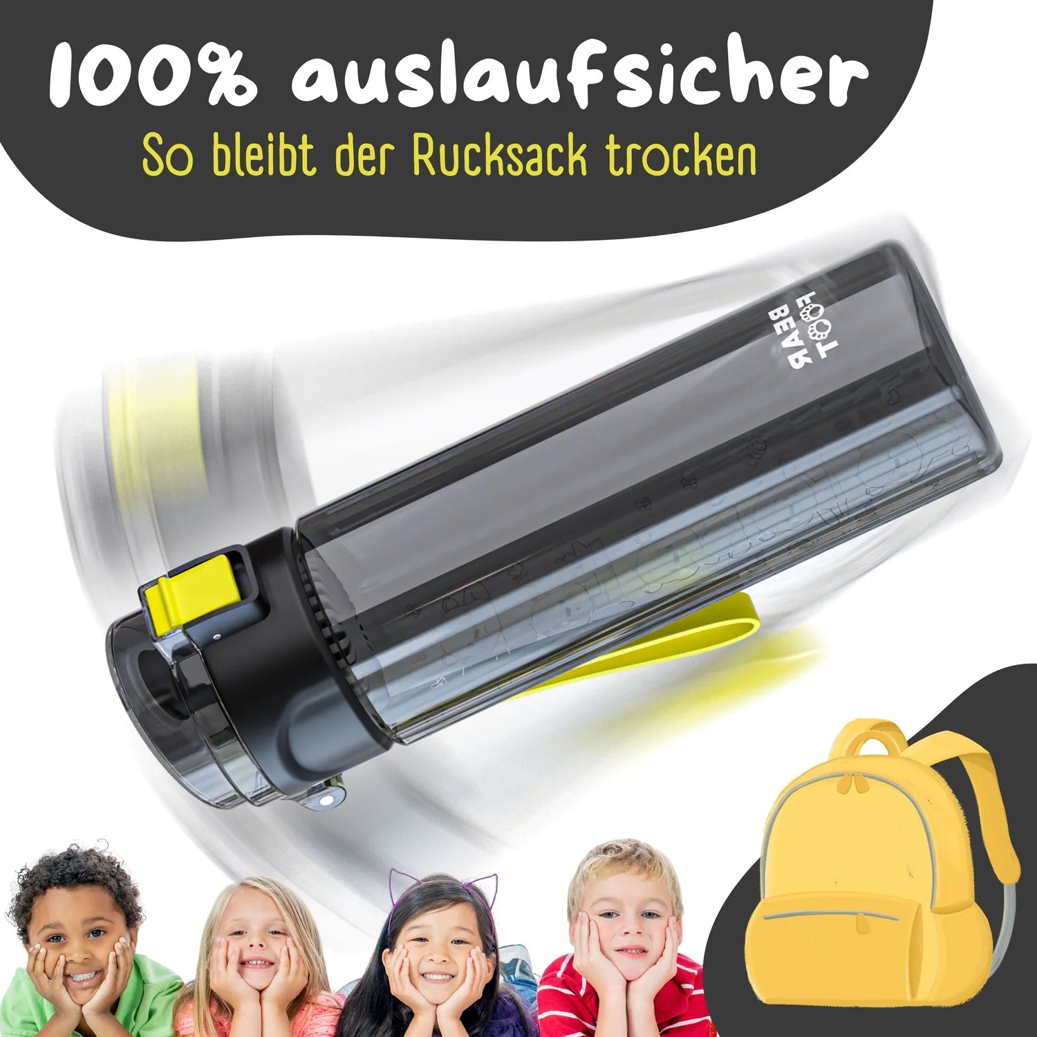 Die auslaufsichere Trinkflasche mit Baer Motiv ist perfekt für Kinder, die zum Trinken motiviert werden müssen. Sie ist für Kohlensäure geeignet. Sie hat ein Fassungsvermögen von 500ml.