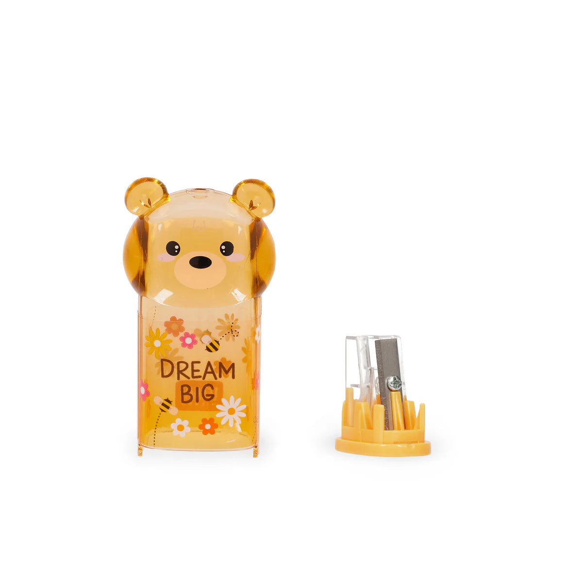 Baer Anspitzer Bear Sweet Bear von Legami transparenter honiggelber Baer mit Dream Big Aufschrift und Blumen-Motiv mit herausnehmbarem Anspitzer-Einsatz auf weissem Hintergrund Geschenkidee Einschulung und Schultuete