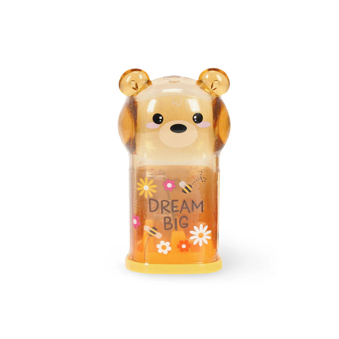 Baer Anspitzer Bear Sweet Bear von Legami geschlossen in Frontansicht transparenter honiggelber Baer mit Dream Big Aufschrift Blumen und Bienen-Motiv auf weissem Hintergrund Geschenkidee Einschulung und Schultuete