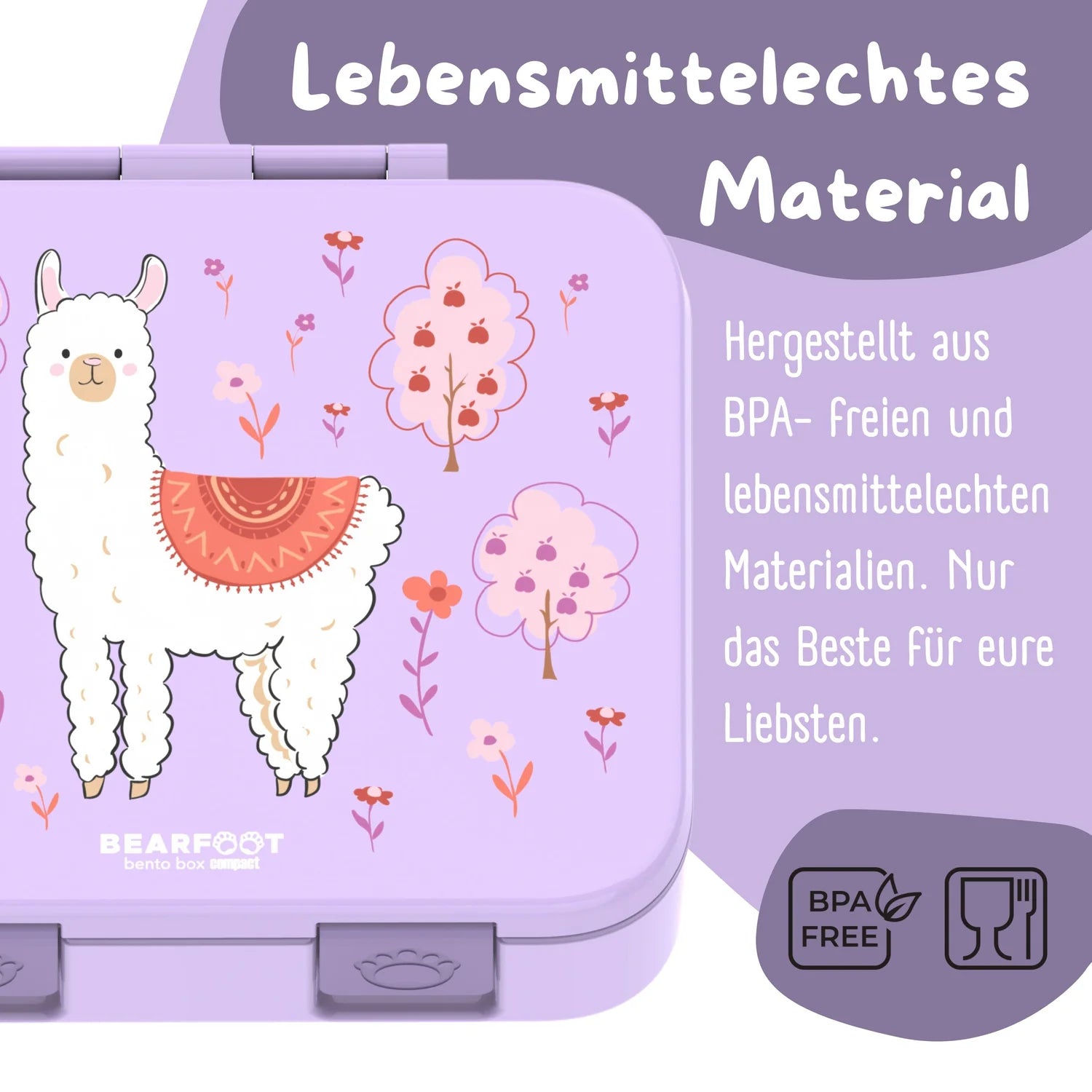 Die Bearfoot Brotdose mit Alpaka/Lama Motiv ist perfekt für Kindergarten und Schule geeignet. Auslaufsicher, mit getrennten Fächern und leicht.