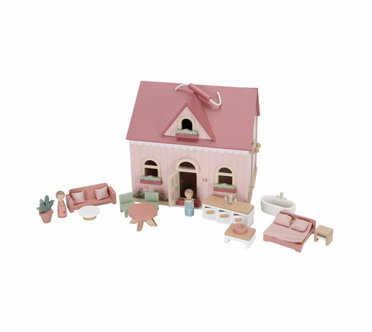 Tragbares rosa Puppenhaus aus Holz mit Zubehör von Little Dutch