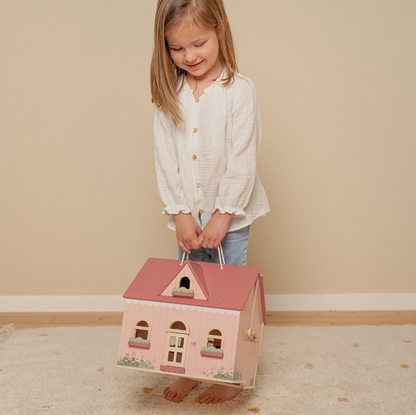 Tragbares rosa Puppenhaus aus Holz mit Zubehör von Little Dutch
