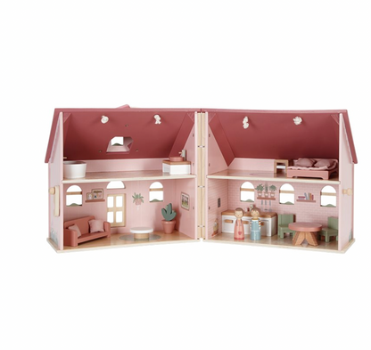 Tragbares rosa Puppenhaus aus Holz mit Zubehör von Little Dutch