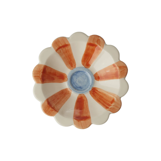 Kleine Keramikschale in orange in Blütenform, handbemalt