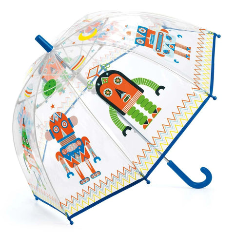 Durchsichtiger Regenschirm mit Roboter-Motiv für Kinder