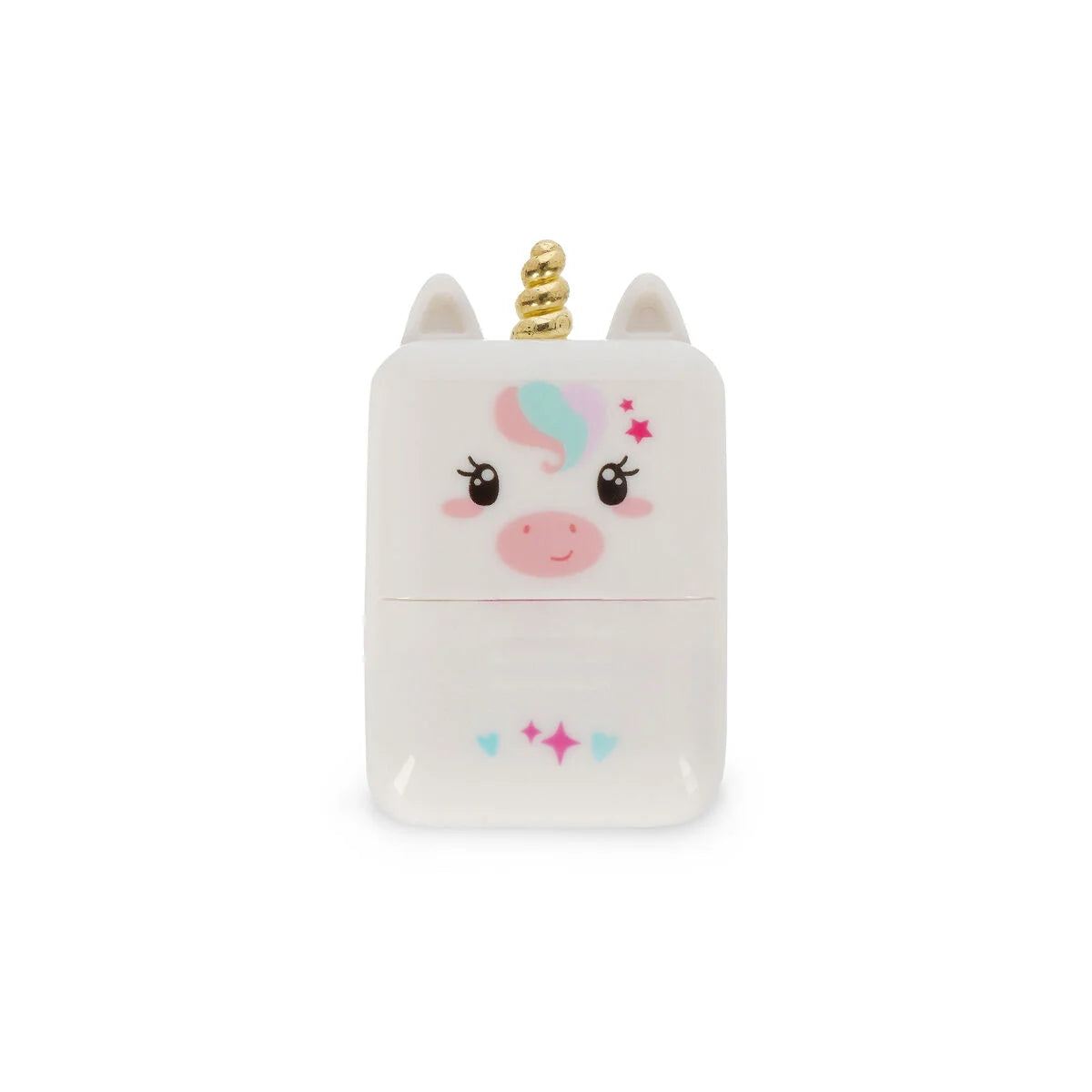 Einhorn Deko-Rollstempel Deco Roller Stamp von Legami Frontansicht freigestellt weisses Einhorn-Gehaeuse mit goldenem Horn bunter Maehne rosafarbenen Wangen und Sternen-Dekor auf weissem Hintergrund