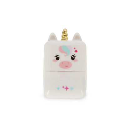 Einhorn Deko-Rollstempel Deco Roller Stamp von Legami Frontansicht freigestellt weisses Einhorn-Gehaeuse mit goldenem Horn bunter Maehne rosafarbenen Wangen und Sternen-Dekor auf weissem Hintergrund