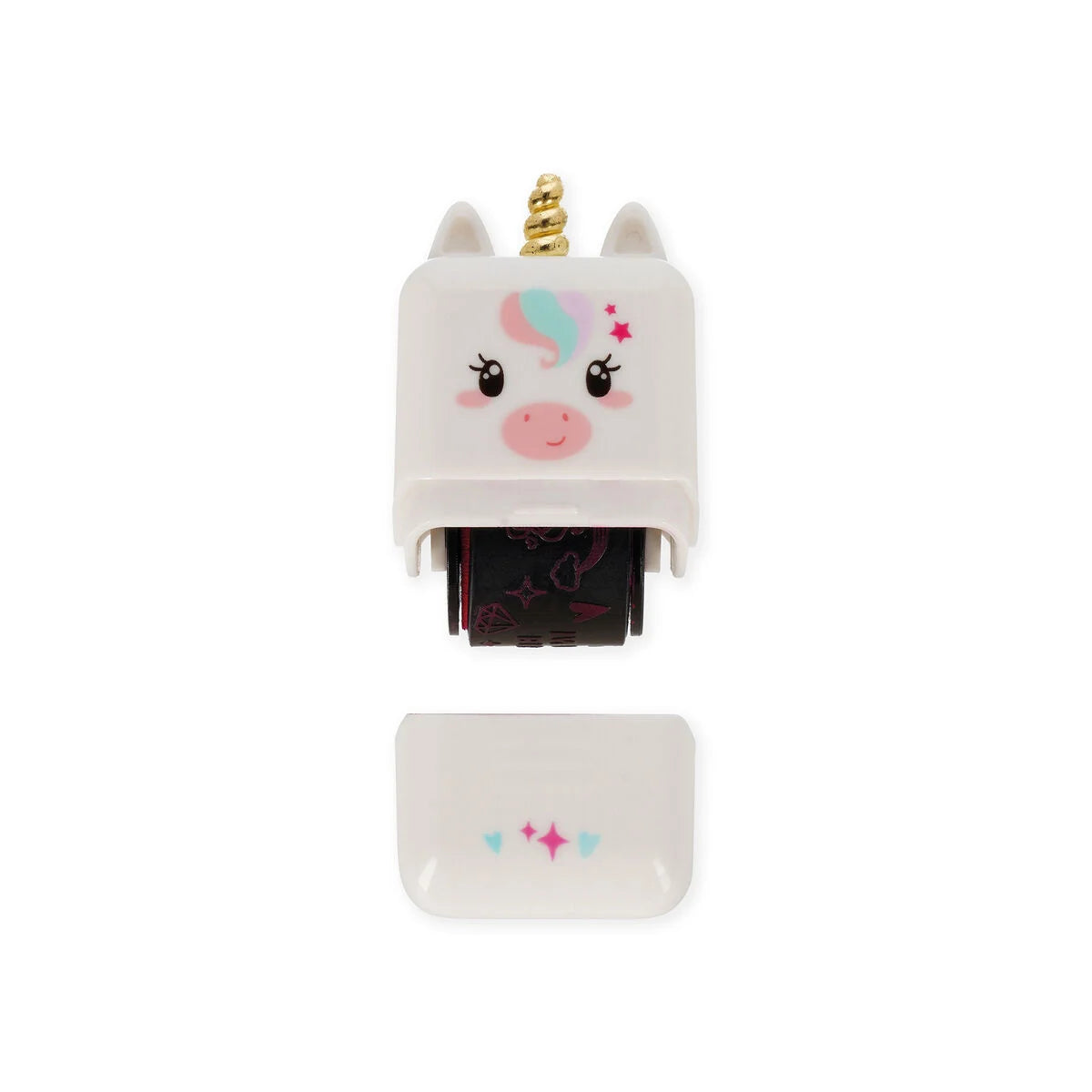 Einhorn Deko-Rollstempel Deco Roller Stamp von Legami geoeffnet Stempel mit sichtbarer Stempelrolle und Einhorn-Motiv sowie abgenommener Schutzkappe mit Sternen-Dekor auf weissem Hintergrund