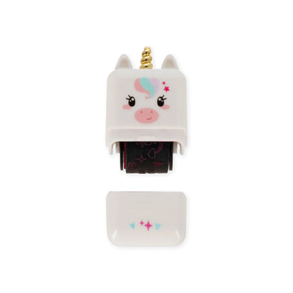 Einhorn Deko-Rollstempel Deco Roller Stamp von Legami geoeffnet Stempel mit sichtbarer Stempelrolle und Einhorn-Motiv sowie abgenommener Schutzkappe mit Sternen-Dekor auf weissem Hintergrund