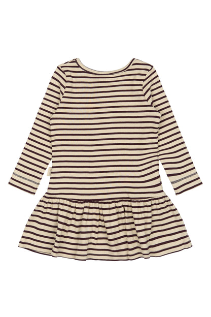 Das Dunkelrot/weiß gestreifte Kleid von Petit Piao ist ein tolles Herbstkleid mit langen Ärmeln. Erhältlich von Größe 74-122.