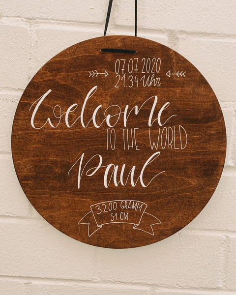 Welcome to the World – Holzschild mit Name und Geburtsdaten