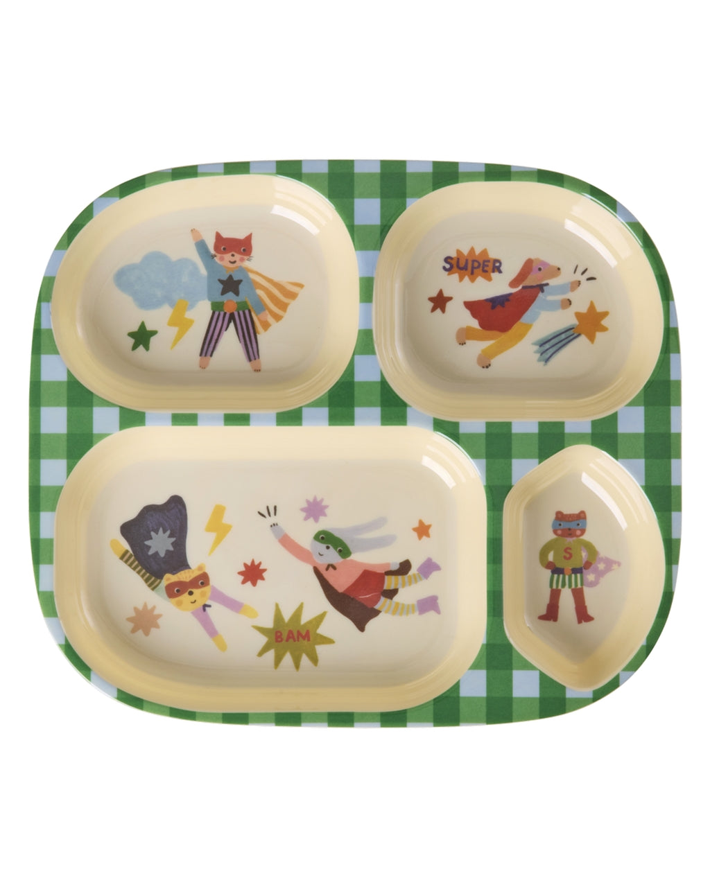 Grüner Kinderteller mit 4er Einteilung und Superhelden-Motiv von Rice