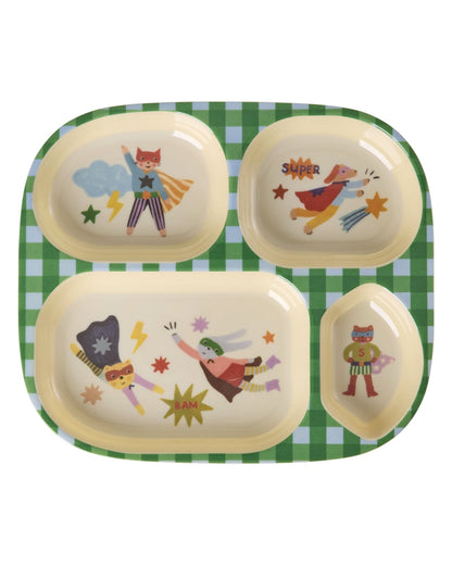 Grüner Kinderteller mit 4er Einteilung und Superhelden-Motiv von Rice