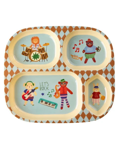 Blauer Kinderteller "Music Band" mit 4er Einteilung und Musik-Motiv von Rice