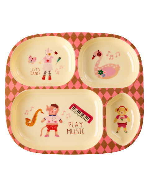 Pinker Kinderteller "Music Band" mit 4er Einteilung und Musik-Motiv von Rice