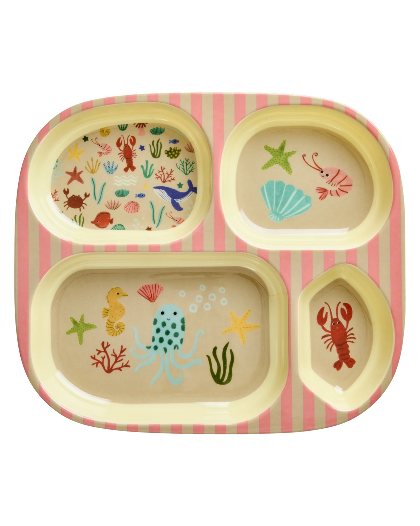 Rosa Kinderteller "Ocean" mit 4er Einteilung und Unterwasser-Motiv von Rice