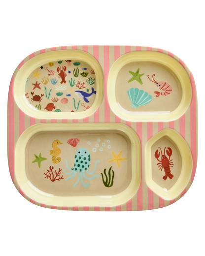 Rosa Kinderteller "Ocean" mit 4er Einteilung und Unterwasser-Motiv von Rice