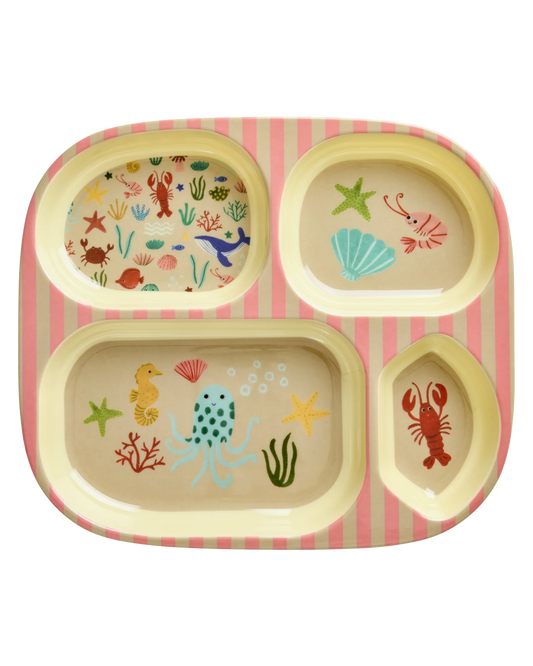 Rosa Kinderteller "Ocean" mit 4er Einteilung und Unterwasser-Motiv von Rice