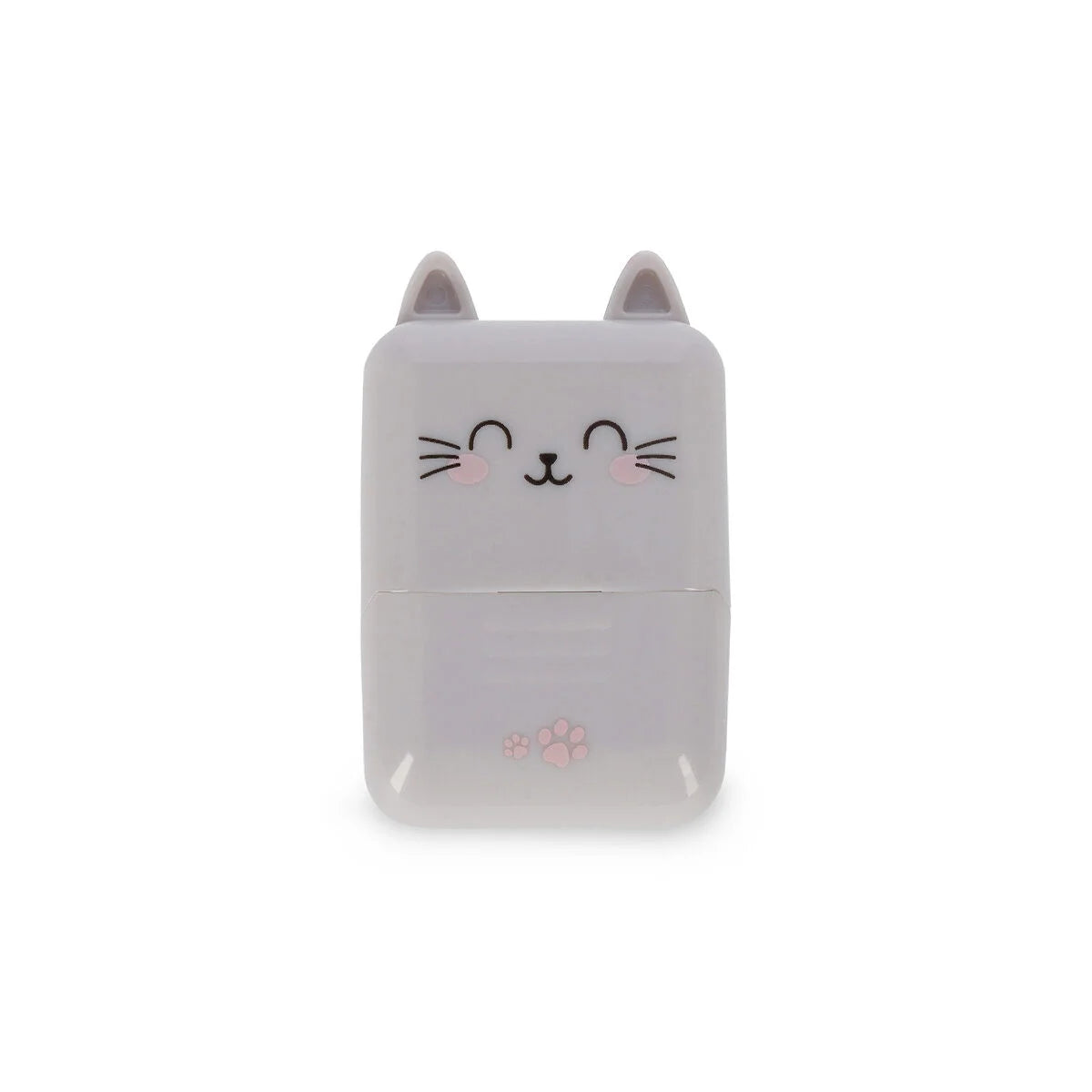Katzen Deko-Rollstempel Deco Roller Stamp von Legami in Frontansicht ohne Deckel mit Katzengesicht-Motiv und pinken Pfoten-Stempelabdruck auf weissem Hintergrund als Geschenkidee zur Einschulung