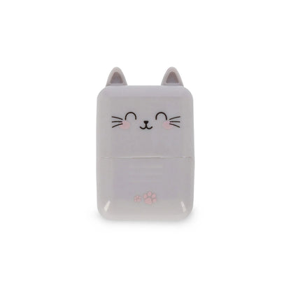 Katzen Deko-Rollstempel Deco Roller Stamp von Legami in Frontansicht ohne Deckel mit Katzengesicht-Motiv und pinken Pfoten-Stempelabdruck auf weissem Hintergrund als Geschenkidee zur Einschulung