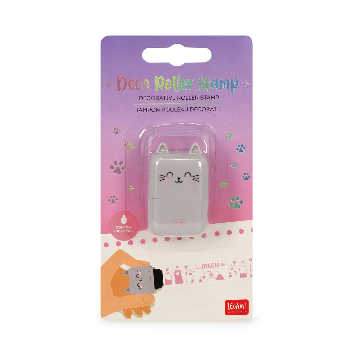 Katzen Deko-Rollstempel Deco Roller Stamp von Legami in Produktverpackung mit lila-rosa Hintergrund und Katzen-Motiv als Geschenkidee zur Einschulung