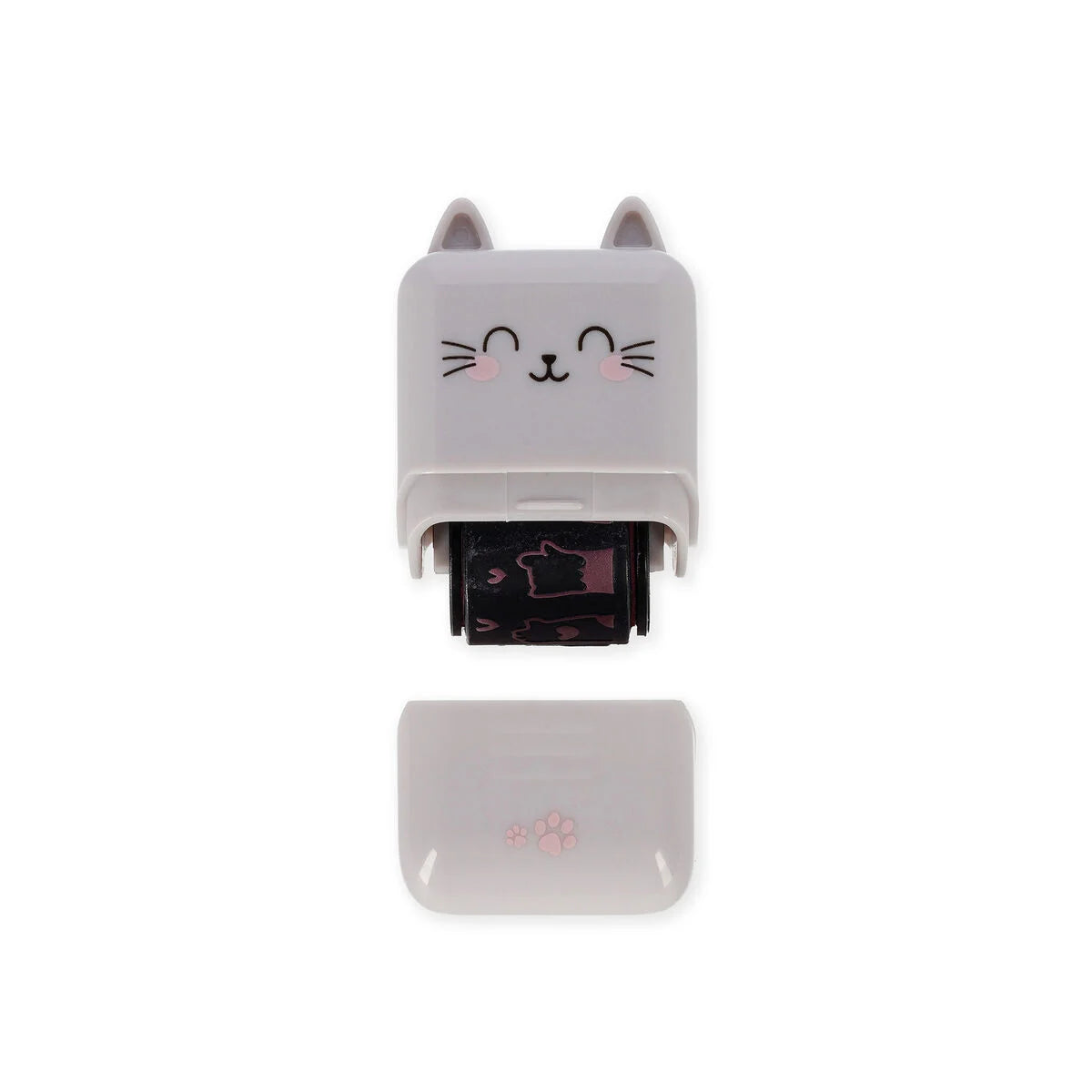 Katzen Deko-Rollstempel Deco Roller Stamp von Legami mit abgenommenem Deckel und Pfoten-Stempelmotiv auf weissem Hintergrund als Geschenkidee zur Einschulung