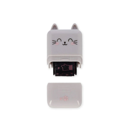Katzen Deko-Rollstempel Deco Roller Stamp von Legami mit abgenommenem Deckel und Pfoten-Stempelmotiv auf weissem Hintergrund als Geschenkidee zur Einschulung