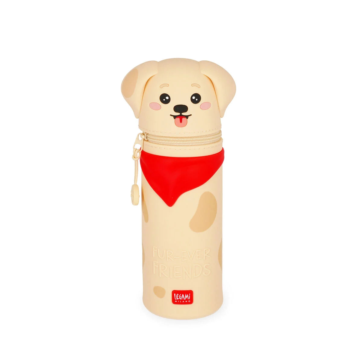 Kawaii Federmäppchen Golden Hunde-Motiv Fur-Ever Friends von Legami limitiert Frontansicht freigestellt geschlossen aufrecht stehend beige Hunden-Form mit rotem Halstuch Reissverschluss goldener Zipper-Quaste und Fur-Ever Friends Aufschrift auf weissem Hintergrund