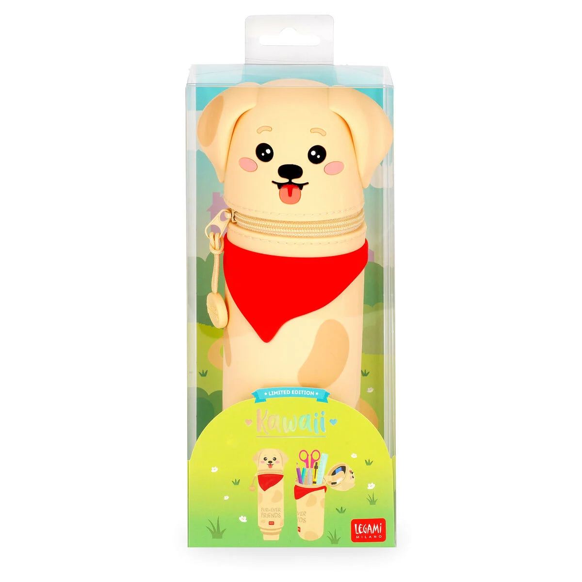 Kawaii Federmäppchen Golden Hunde-Motiv von Legami Limited Edition Produktverpackung beige Hunden-Form mit rotem Halstuch in transparenter Verpackung mit gruener Illustration Limited Edition und Kawaii Aufschrift auf weissem Hintergrund