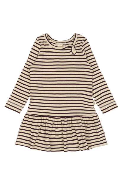 Das Dunkelrot/weiß gestreifte Kleid von Petit Piao ist ein tolles Herbstkleid mit langen Ärmeln. Erhältlich von Größe 74-122.