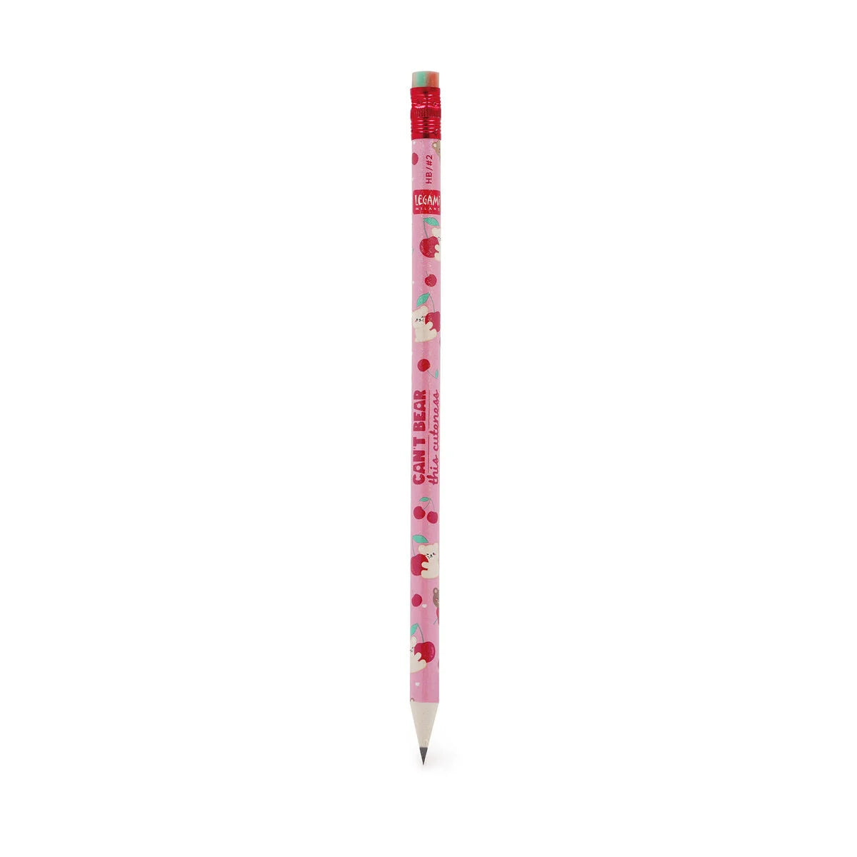 Legami Bleistift Teddy Bear Cherry Pink aus der Kollektion I used to be a Newspaper – Bleistift mit Erdbeer-Teddybär-Motiv und Kirschen-Radiergummi