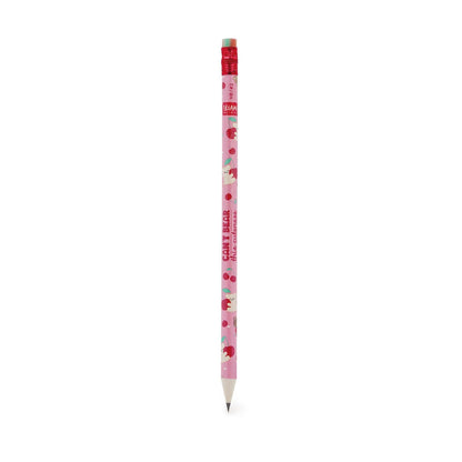 Legami Bleistift Teddy Bear Cherry Pink aus der Kollektion I used to be a Newspaper – Bleistift mit Erdbeer-Teddybär-Motiv und Kirschen-Radiergummi