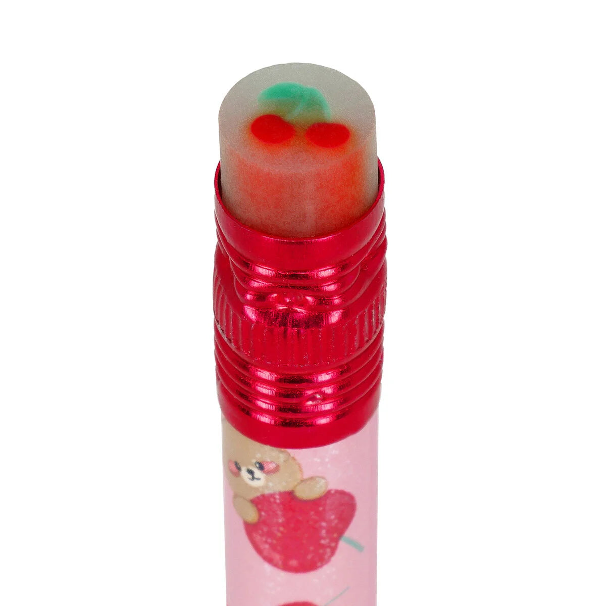 Legami Bleistift Teddy Bear Cherry Pink aus der Kollektion I used to be a Newspaper – Nahaufnahme mit Kirschen-Radiergummi