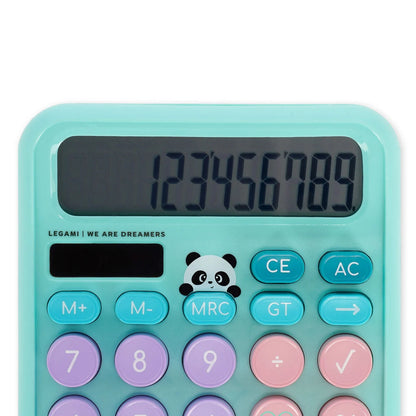 Frontansicht Legami Calcoolator Taschenrechner mit großem Display und Panda-Motiv – mintgrünes Gehäuse mit bunten Tasten in Türkis, Lila und Pink