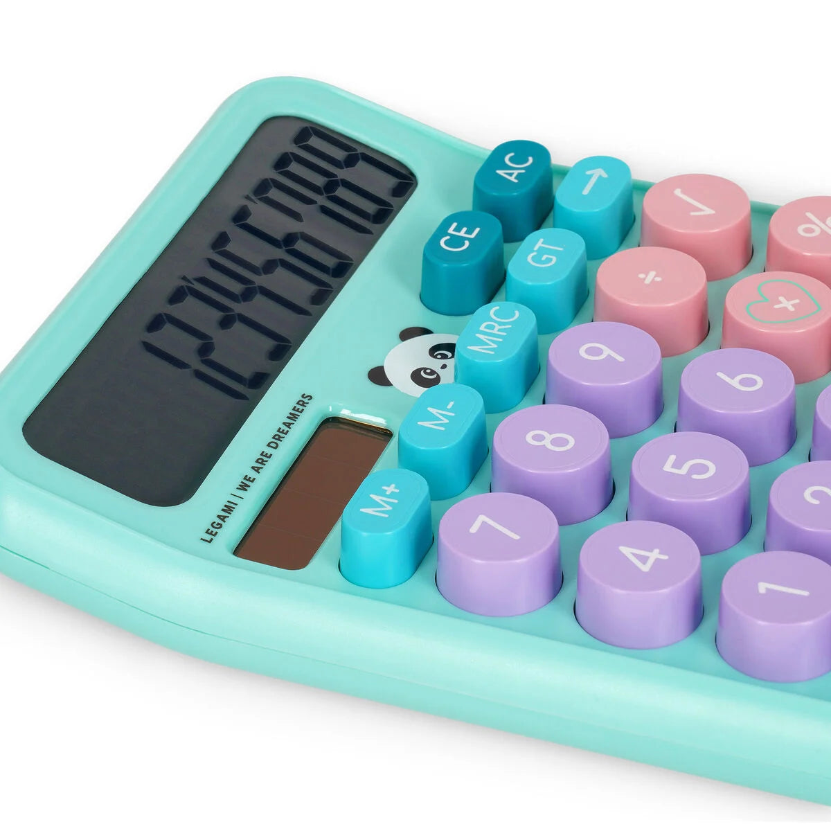 Nahaufnahme Legami Calcoolator Taschenrechner mit Panda-Motiv – mintgrünes Gehäuse, buntes Tastenfeld in Pink, Lila und Türkis sowie großes Display