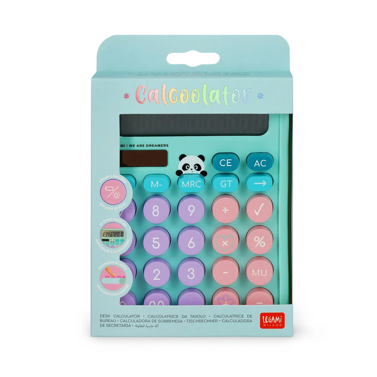 Legami Calcoolator Taschenrechner mit Panda-Motiv in Mintgrün – süßer Schreibtisch-Taschenrechner mit bunten Tasten und niedlichem Panda-Display für Kinder und Erwachsene
