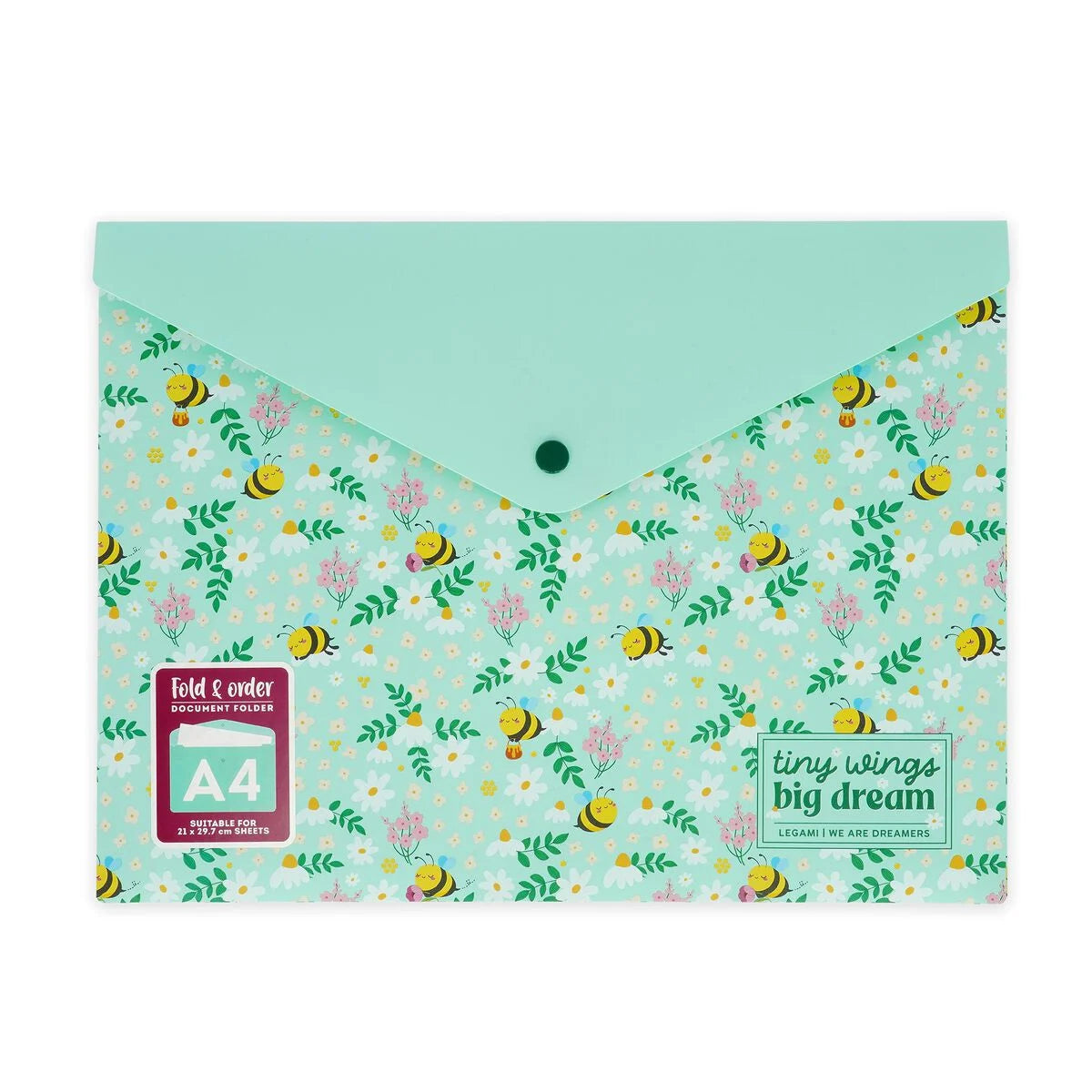 Legami Dokumentenmappe Bee DIN A4 geschlossen – mintgrüne Mappe mit Bienen- und Blumenmuster, Druckknopfverschluss und A4-Formathinweis