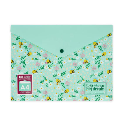 Legami Dokumentenmappe Bee DIN A4 geschlossen – mintgrüne Mappe mit Bienen- und Blumenmuster, Druckknopfverschluss und A4-Formathinweis