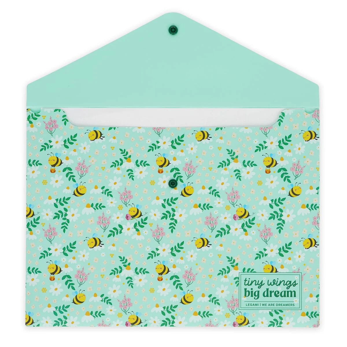 Geöffnete Legami Dokumentenmappe Bee DIN A4 in Mint mit Bienen-Motiv – Innenseite mit buntem Bienen- und Blumenmuster auf hellgrünem Hintergrund