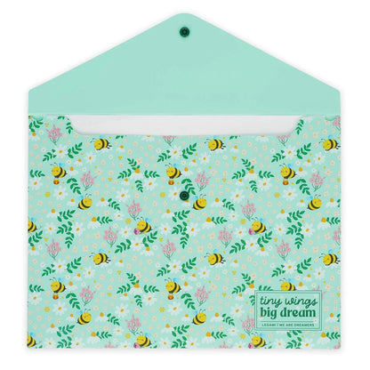 Geöffnete Legami Dokumentenmappe Bee DIN A4 in Mint mit Bienen-Motiv – Innenseite mit buntem Bienen- und Blumenmuster auf hellgrünem Hintergrund