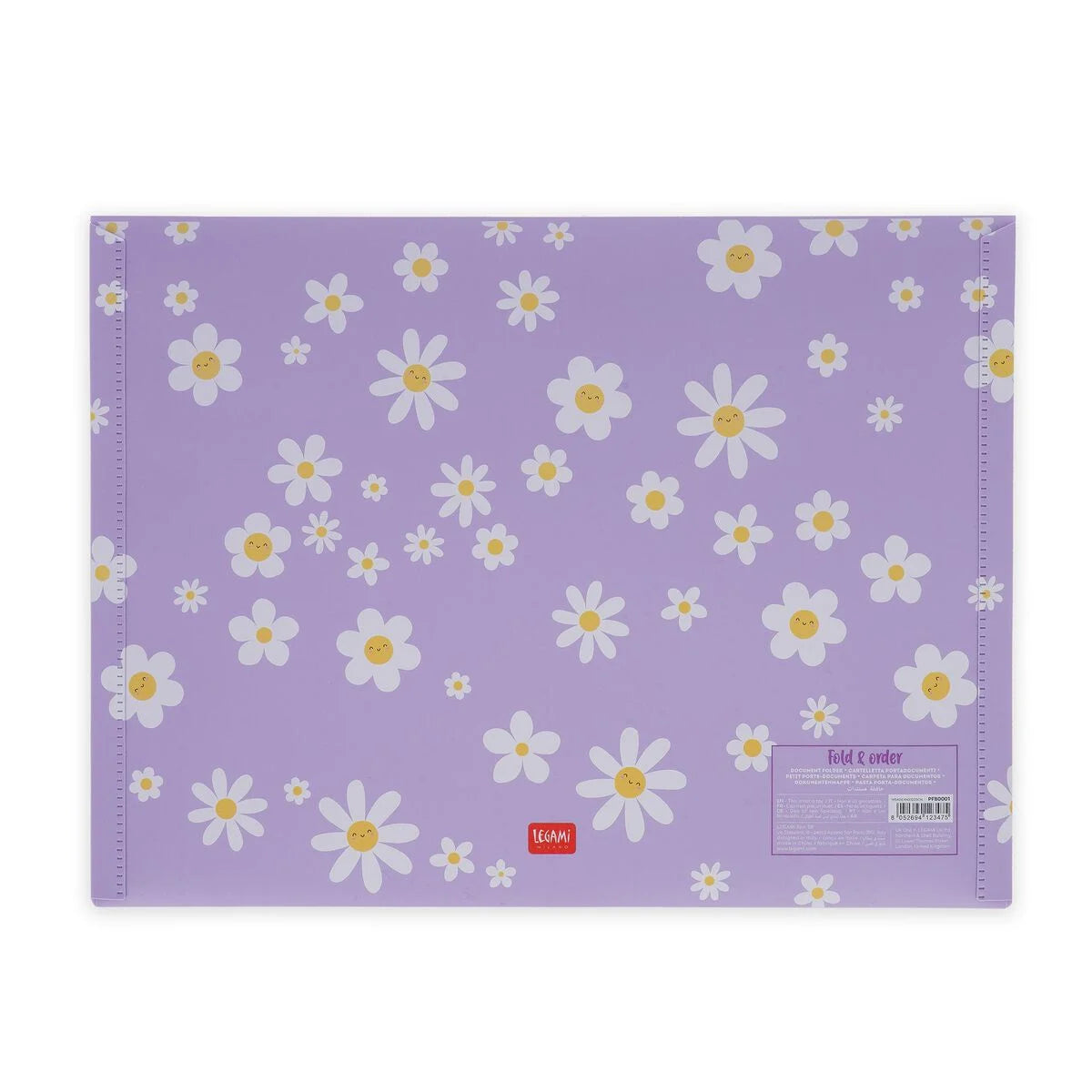 Legami Dokumentenmappe Daisy DIN A4 flach liegend – Draufsicht auf lila Mappe mit weißem Gänsebümchen-Muster und Legami-Etikett