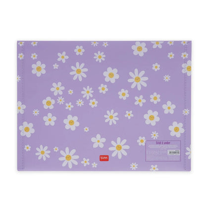 Legami Dokumentenmappe Daisy DIN A4 flach liegend – Draufsicht auf lila Mappe mit weißem Gänsebümchen-Muster und Legami-Etikett