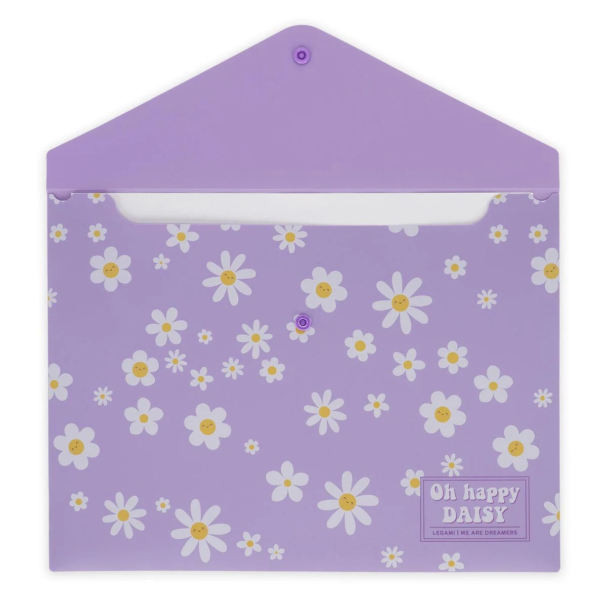 Geöffnete Legami Dokumentenmappe Daisy DIN A4 – lila Innenseite mit weißem Gänsebümchen-Muster und Oh-happy-Daisy-Schriftzug
