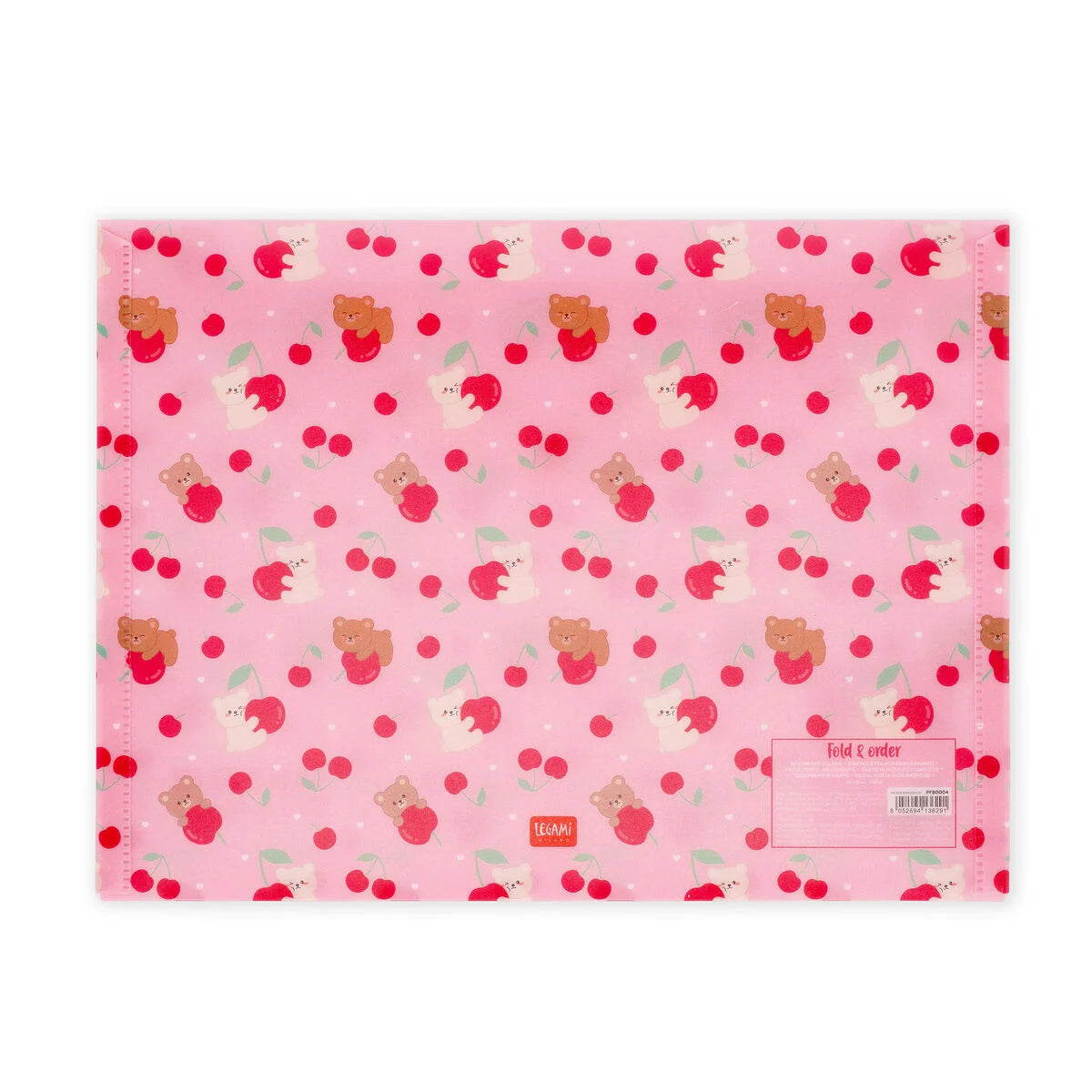 Legami Dokumentenmappe Teddy Bear Cherry Pink DIN A4 flach liegend – Draufsicht auf rosa Mappe mit Teddybär- und Kirsch-Muster