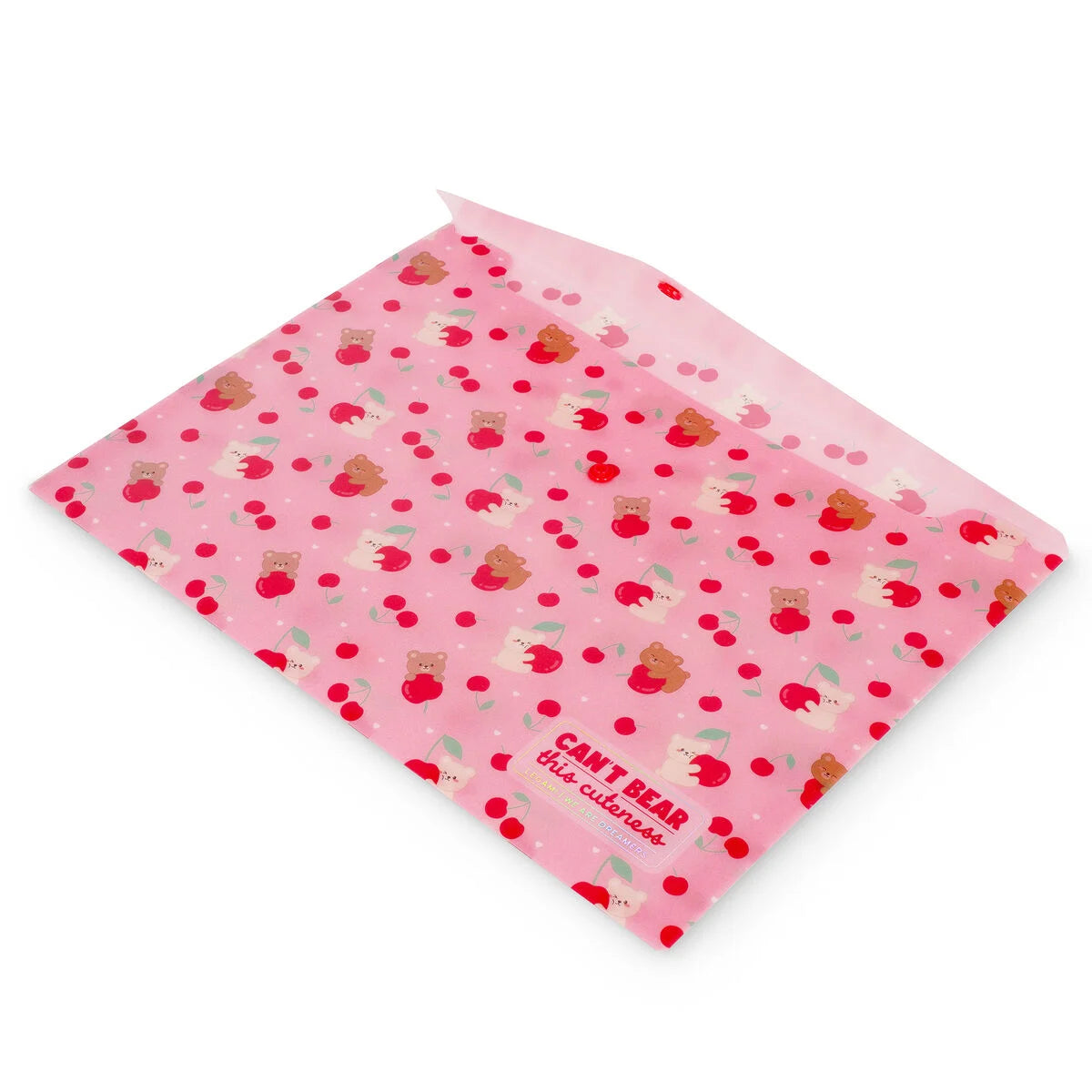 Legami Dokumentenmappe Teddy Bear Cherry Pink DIN A4 Rückseite – rosa Mappe mit Teddybär- und Kirsch-Muster, Schrägansicht von hinten
