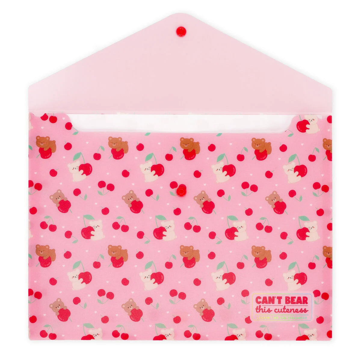 Geöffnete Legami Dokumentenmappe Teddy Bear Cherry Pink DIN A4 – Innenseite mit Teddybär- und Kirsch-Muster auf rosa Hintergrund