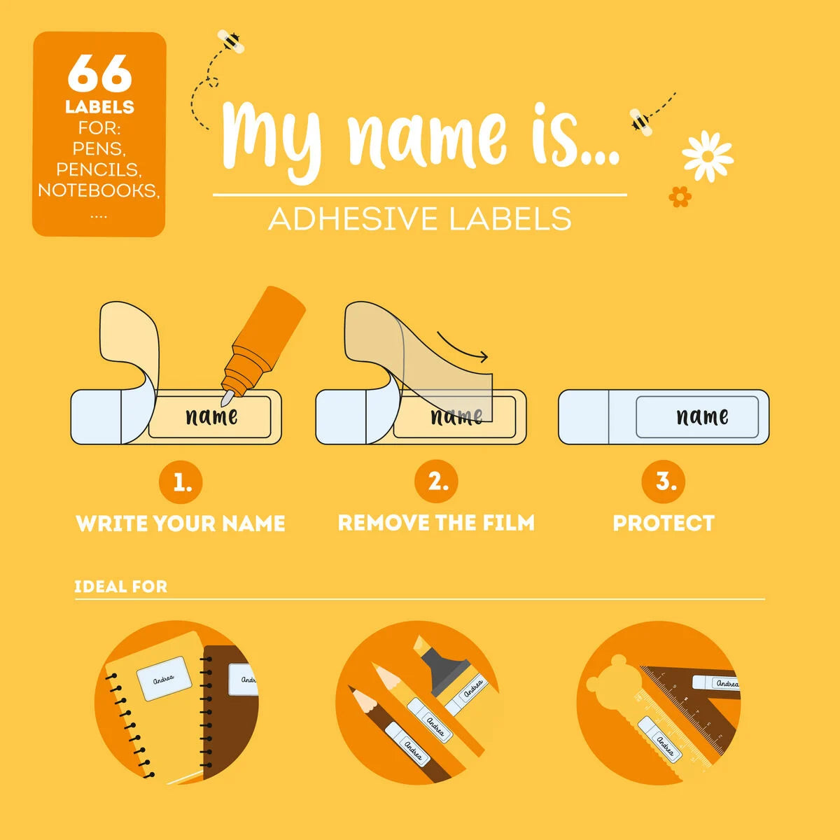 Legami Namensetiketten mit Bär-Motiv – Infografik zur Anwendung in 3 Schritten: Name schreiben, Schutzfolie entfernen, aufkleben