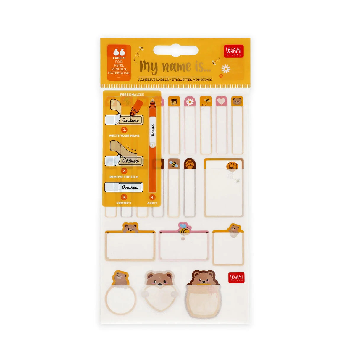 Legami Namensetiketten mit Bär-Motiv in Originalverpackung – 66 selbstklebende Etiketten für Schule und Schulstart