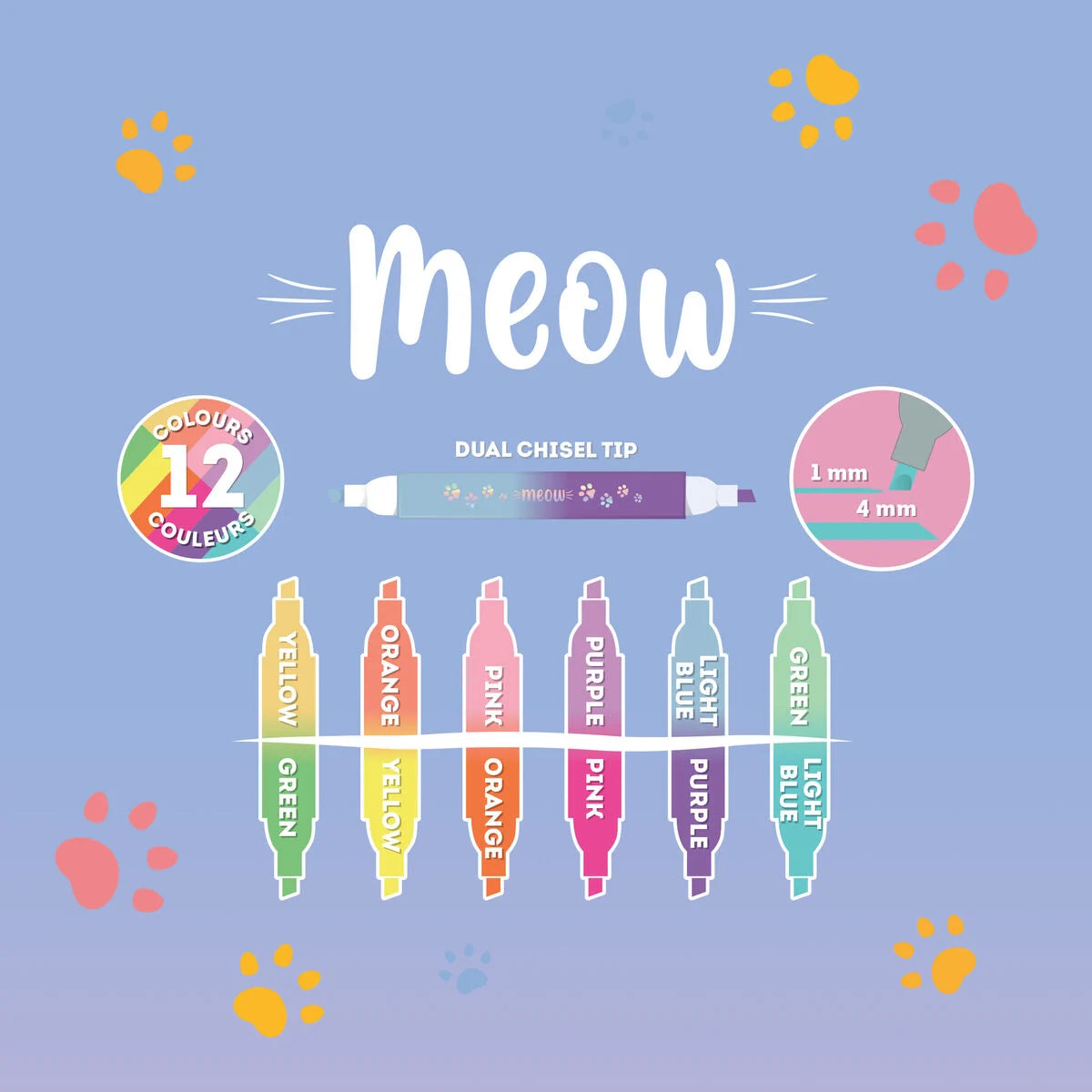 Legami Textmarker-Set Meow Kitty – Infografik mit 12 Farben und Dual-Chisel-Tip (1mm und 4mm Spitze)