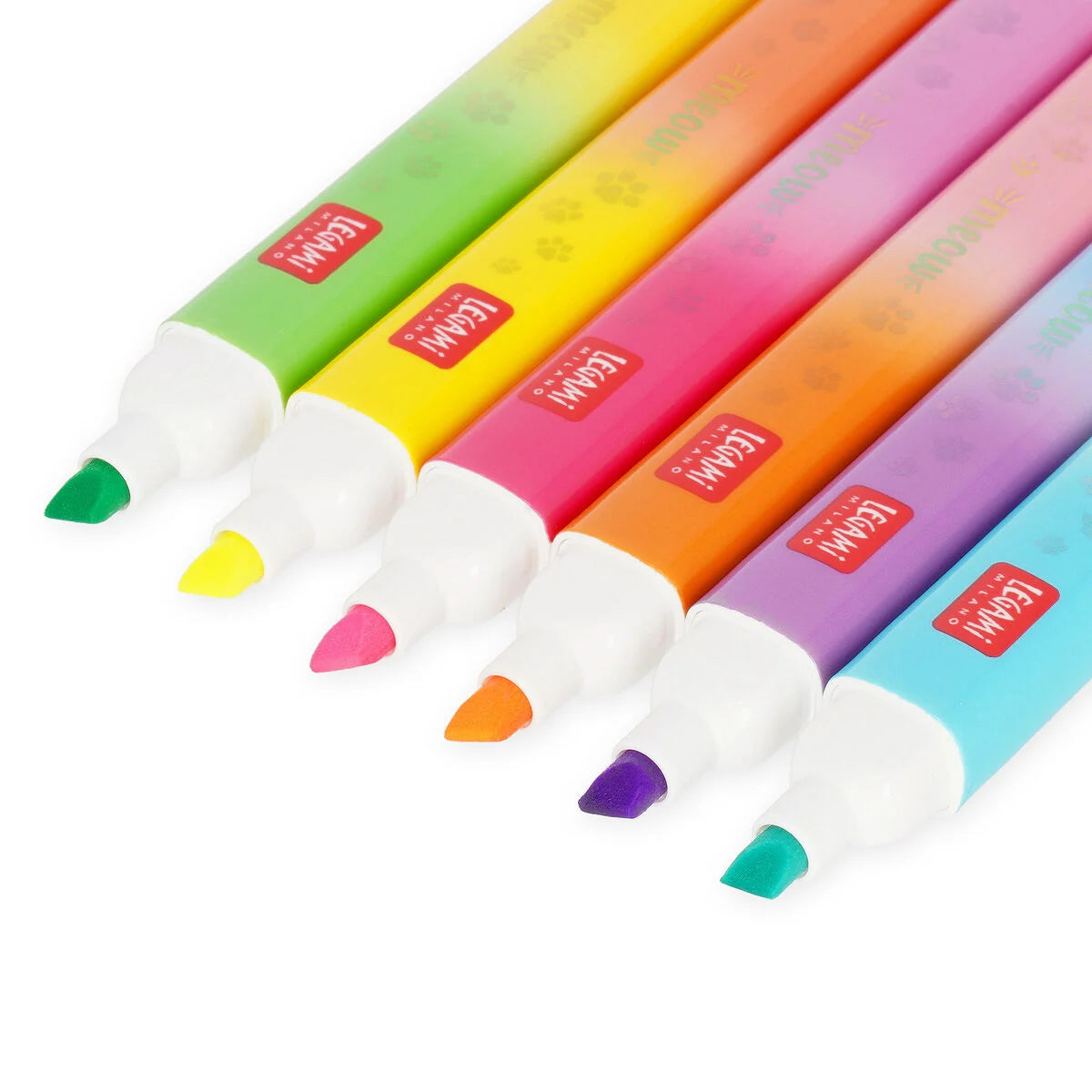 Legami Textmarker-Set Meow Kitty mit Doppelspitze – Nahaufnahme der Stiftspitzen in 6 Farben